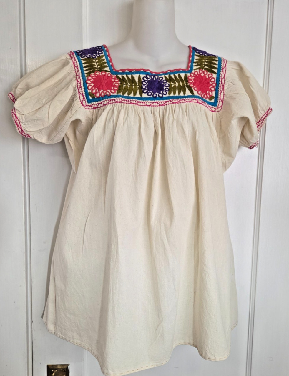 Vtg MEXICAN Embroidered PEASANT TOP, Hippie Boho Handmade Size L