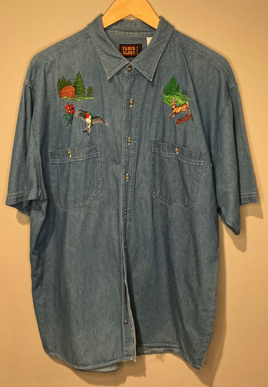 Vintage Faded Glory Denim Shirt XL Embroidered Cabin Deer Hummingbird Oversized