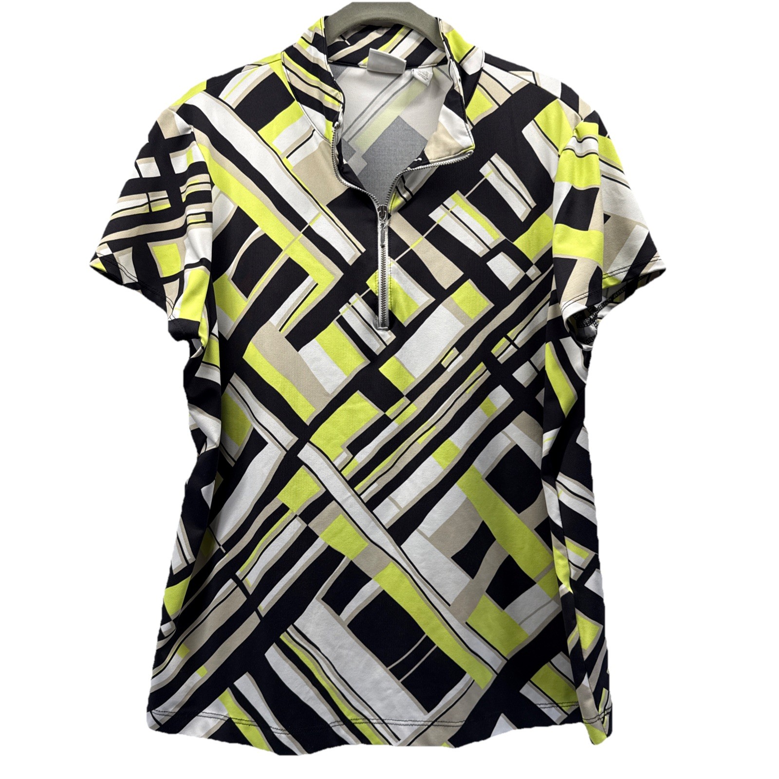 Chicos Weekends Women’s Top Size Large Black White Yellow Short Sleeve 1/4 Zip