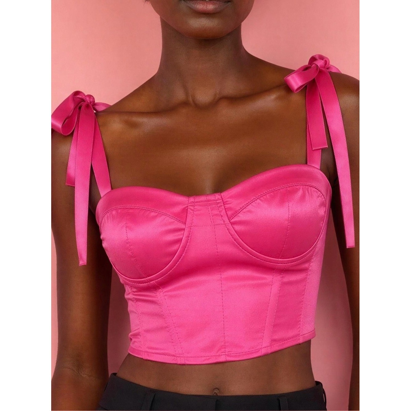 NWT Pretty Garbage Hot Pink Tie-Shoulder Satin Bustier Crop Top – M