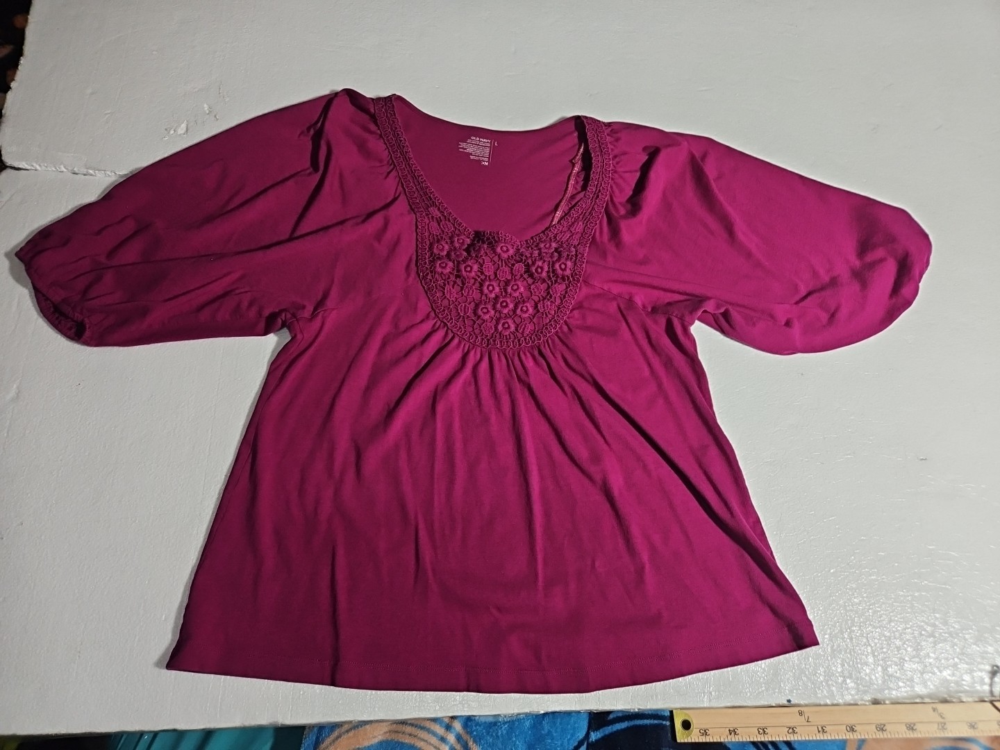 Old Navy Fushia Top XL Crochet Yoke Peasant Blouse 3/4 Sleeve Flowy Boho