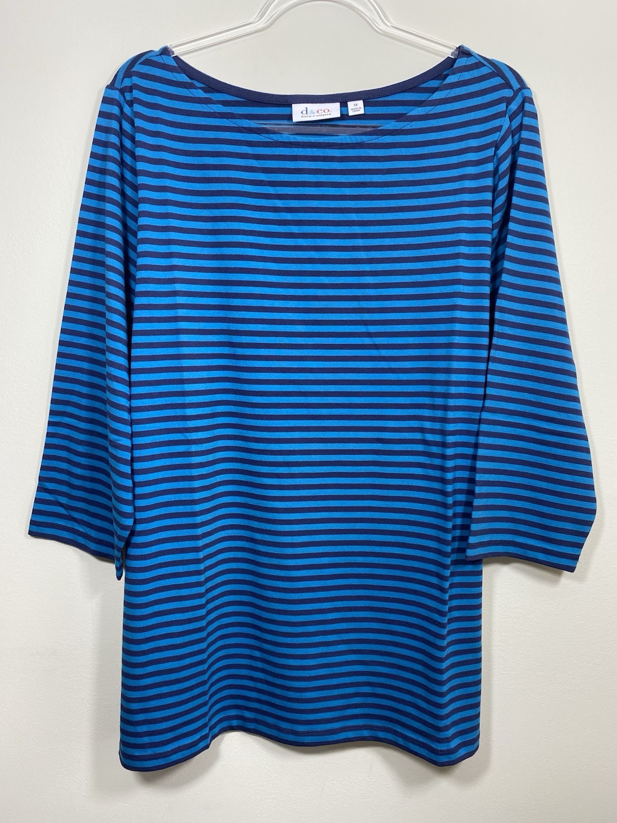 Denim & Co Size 1X Navy Blue Striped Boat Neck Stretch Tunic Top 3/4 Sleeves NEW