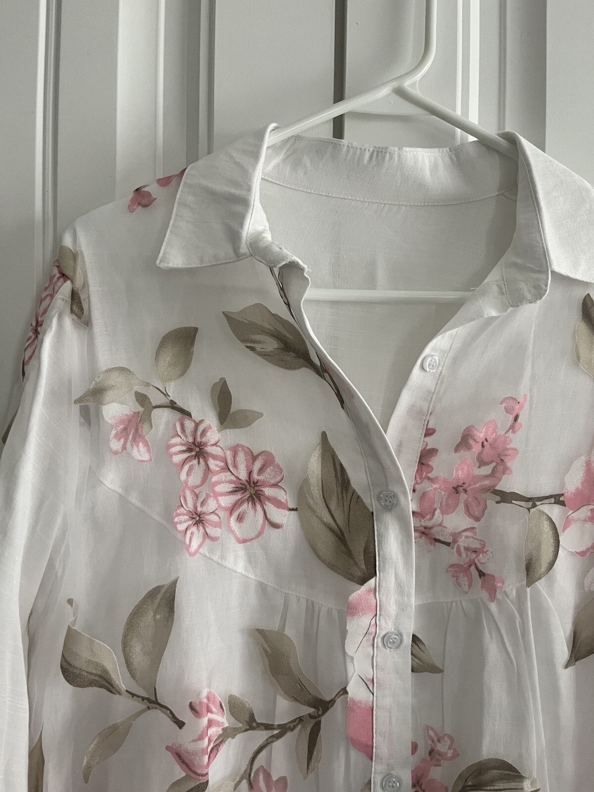 Womens Japanese Long Shirt Tunic Floral Linen White Pink Gray L