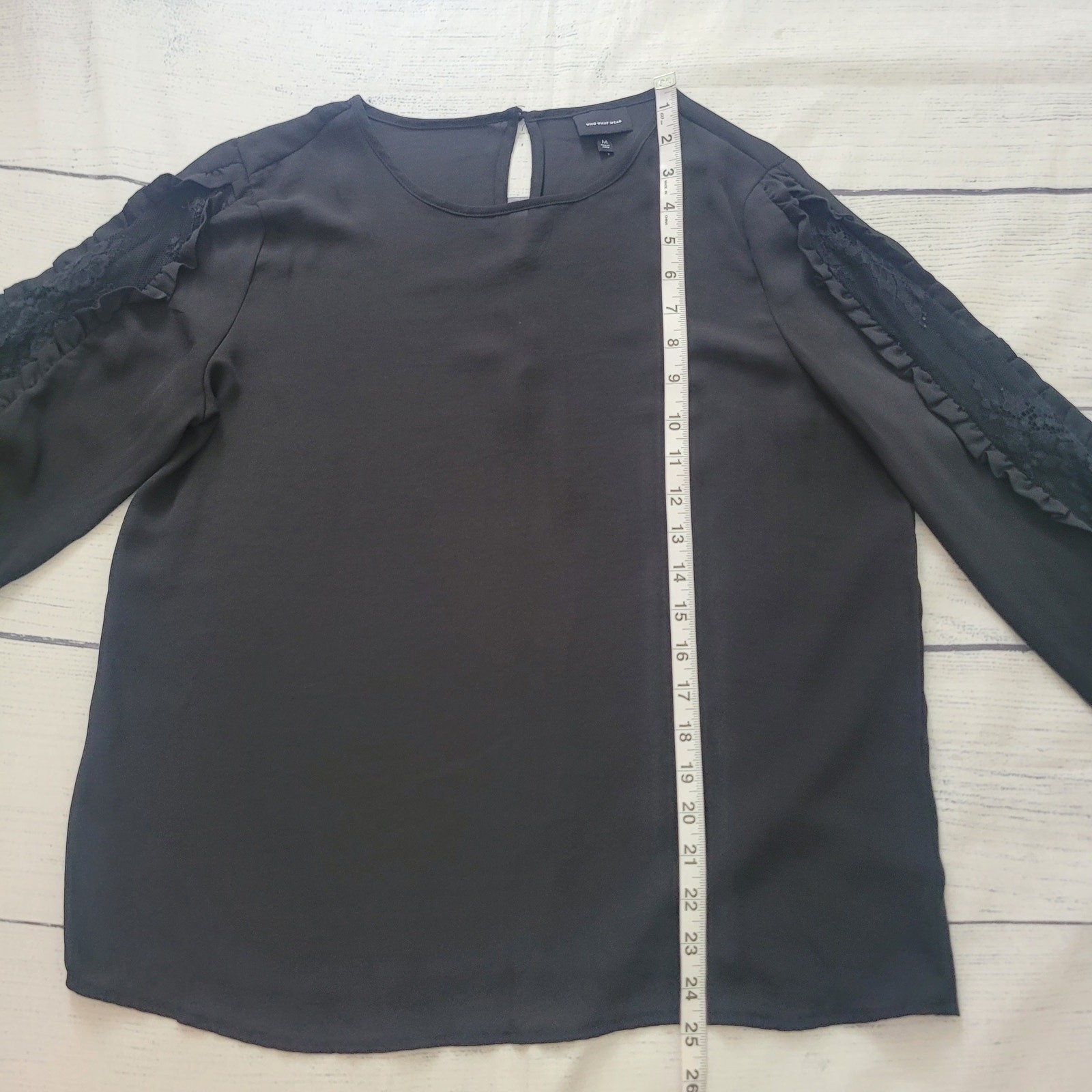 Who What Wear Size M Sheer Long Sleeve Lace Ruffle Sleeve Blouse Black