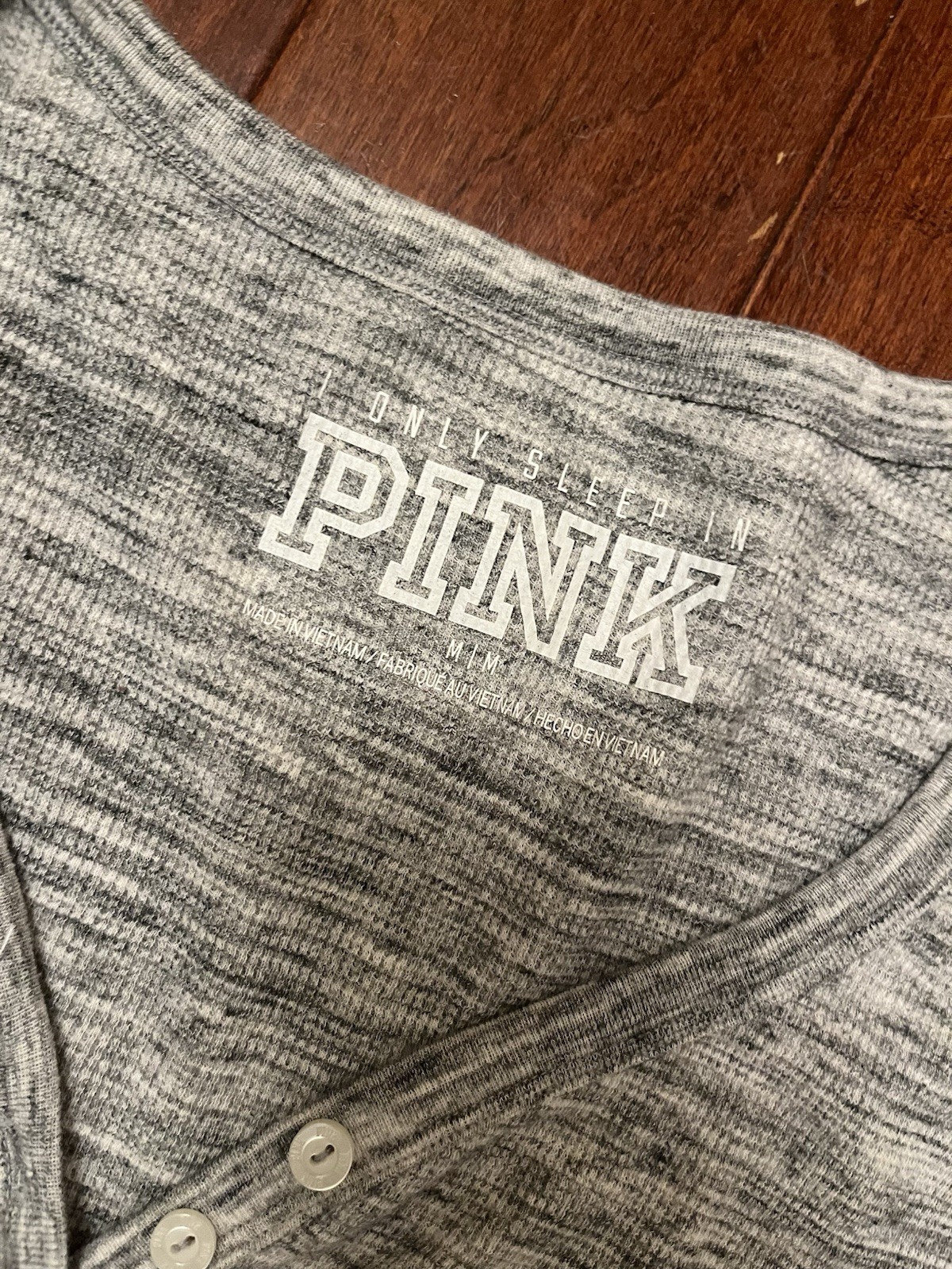 PINK Fair Isle Henley T-Shirt, Gray/White V-Neck Long Sleeve Button, M