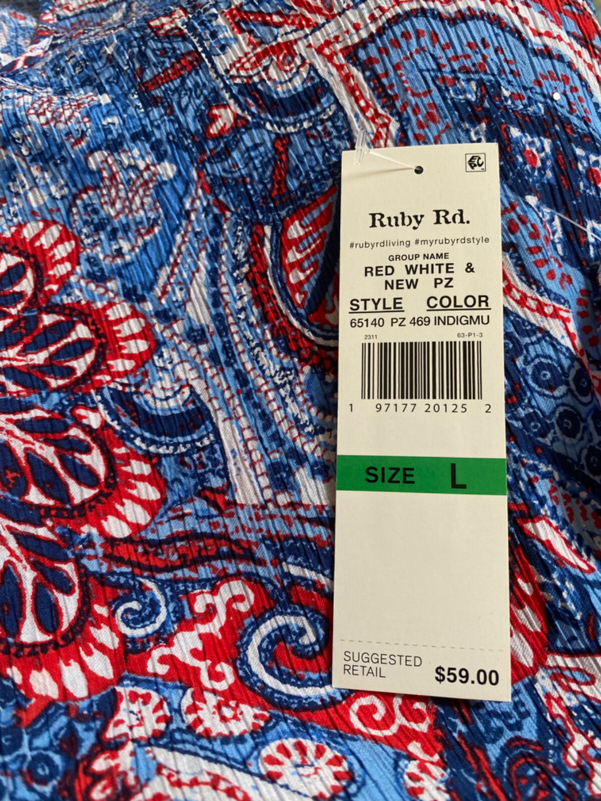 Ruby Rd. Red, White & Blue Woven Bar Turkish Indigo Multi Blouse Size L NWT