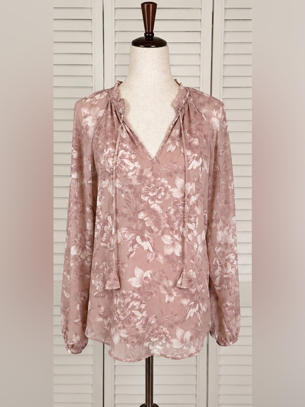 Joie Rose Taupe Floral Tie-Neck Blouse | Small