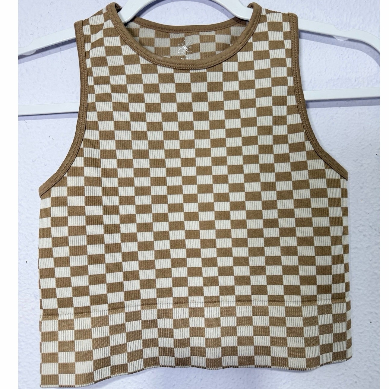 Aura Tank Top Brown Checker Ribbed Crop M Retro Boho Streetwear Y2K Aesthetic