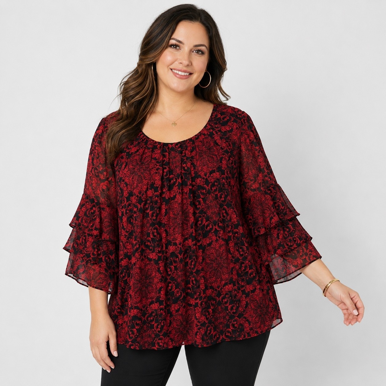 Roz & Ali Floral Chiffon Blouse Womens 3X Red Black Metallic Accent Bell Sleeve