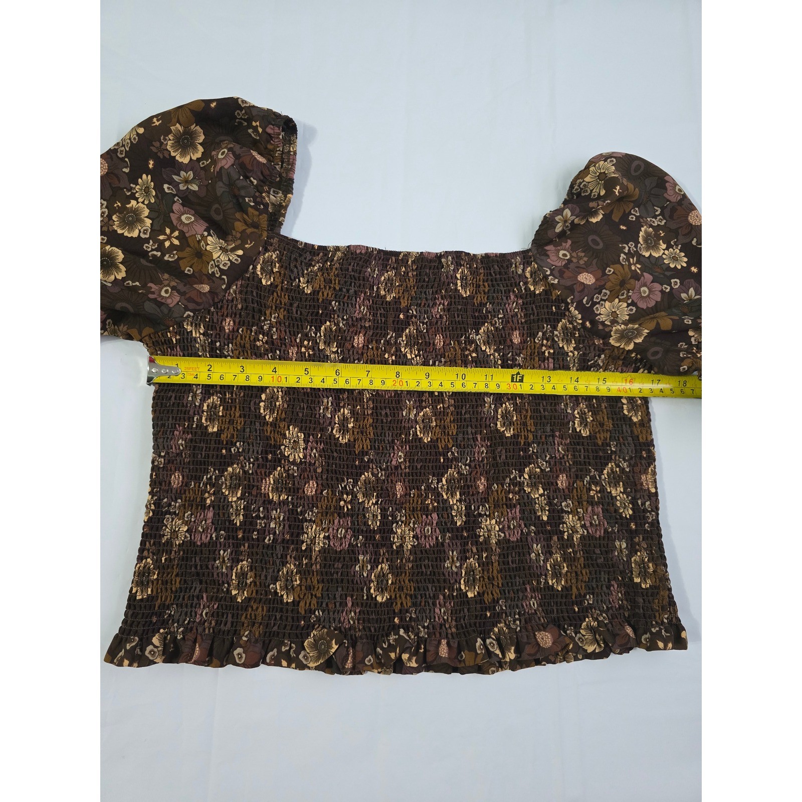 C by One Brown Floral Smocked Puff Sleeve Blouse Square Neck Top Large