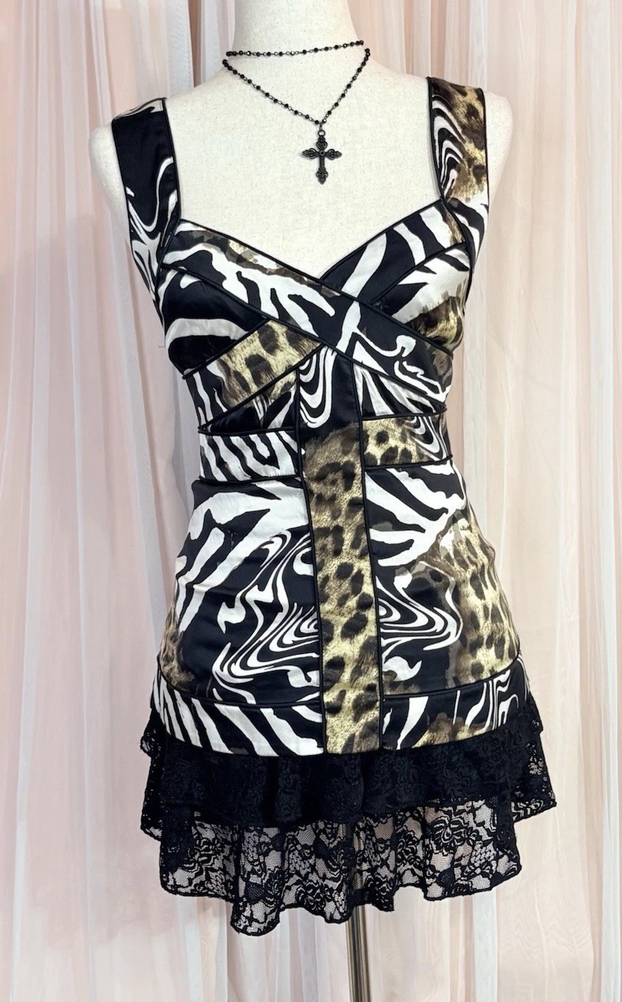 Cache Silk Animal Print Lace Hem Tank Top Medium Zebra Leopard Y2K Going Out