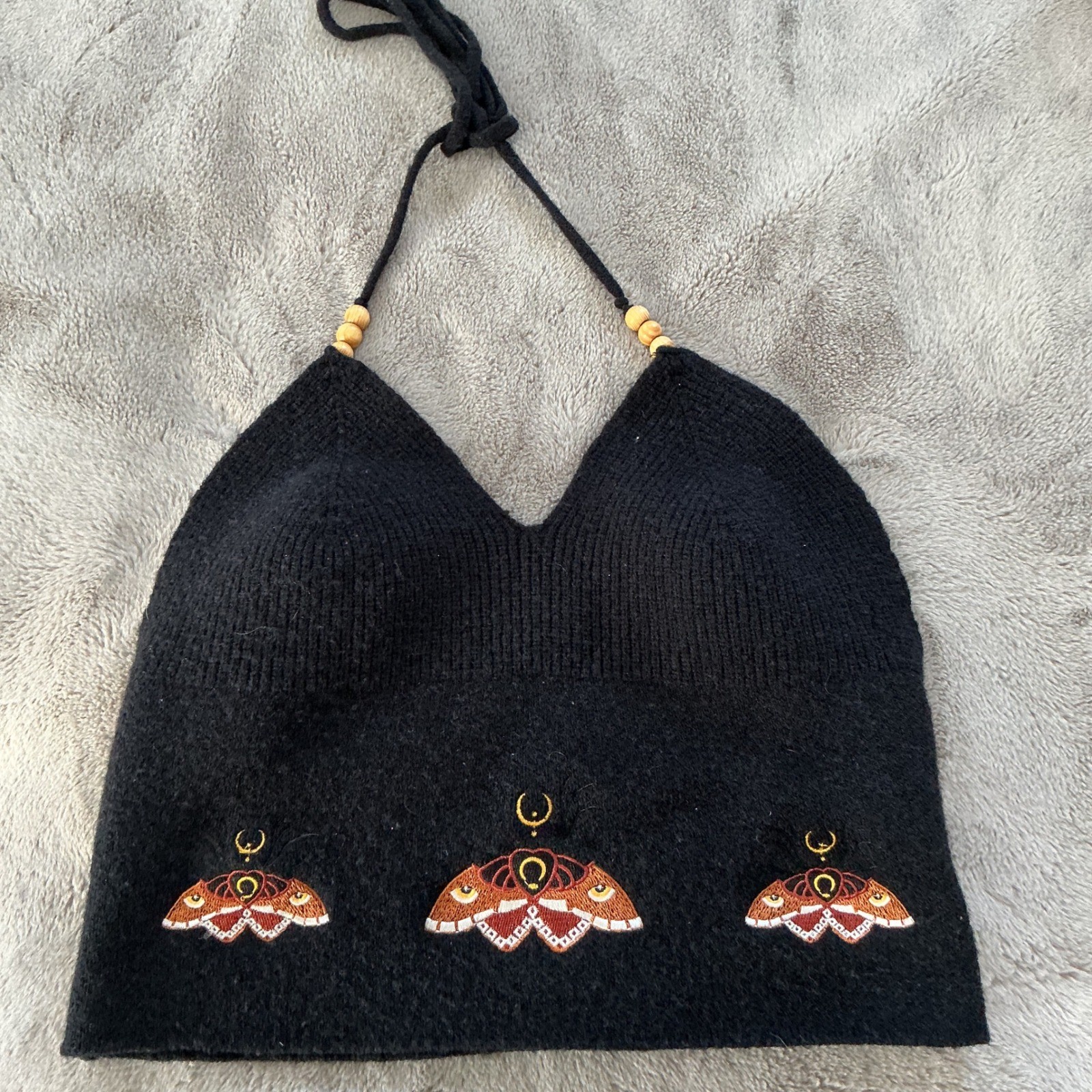 Boho Knit Halter Top w/ Moth Embroidery | Black Cropped Festival Top Adjustable