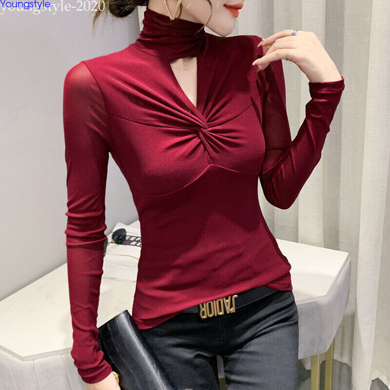 Fall Winter Korean Women Keyhole High Neck Mesh Stretch Slim Pullover Top Blouse