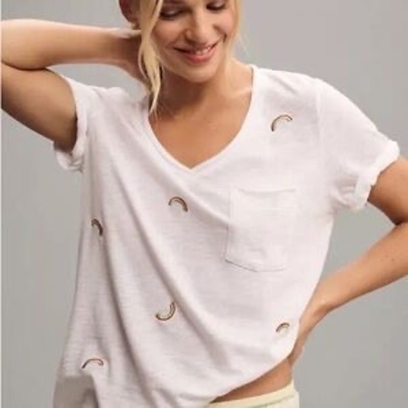 Anthropologie T.La The Lars Classic V-Neck Tee Medium White Rainbow Embroidery
