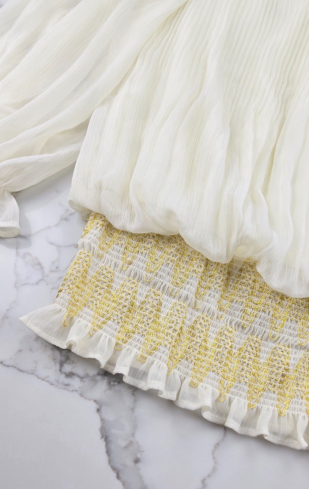 XOXO Size M Blouse Ivory Off the Shoulder Smocked Gold Y2K Boho Peasant Top