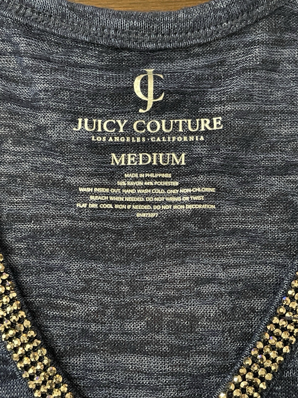 Juicy Couture Blue Beaded V-Neck T-Shirt Medium Embellished Heathered Knit Top