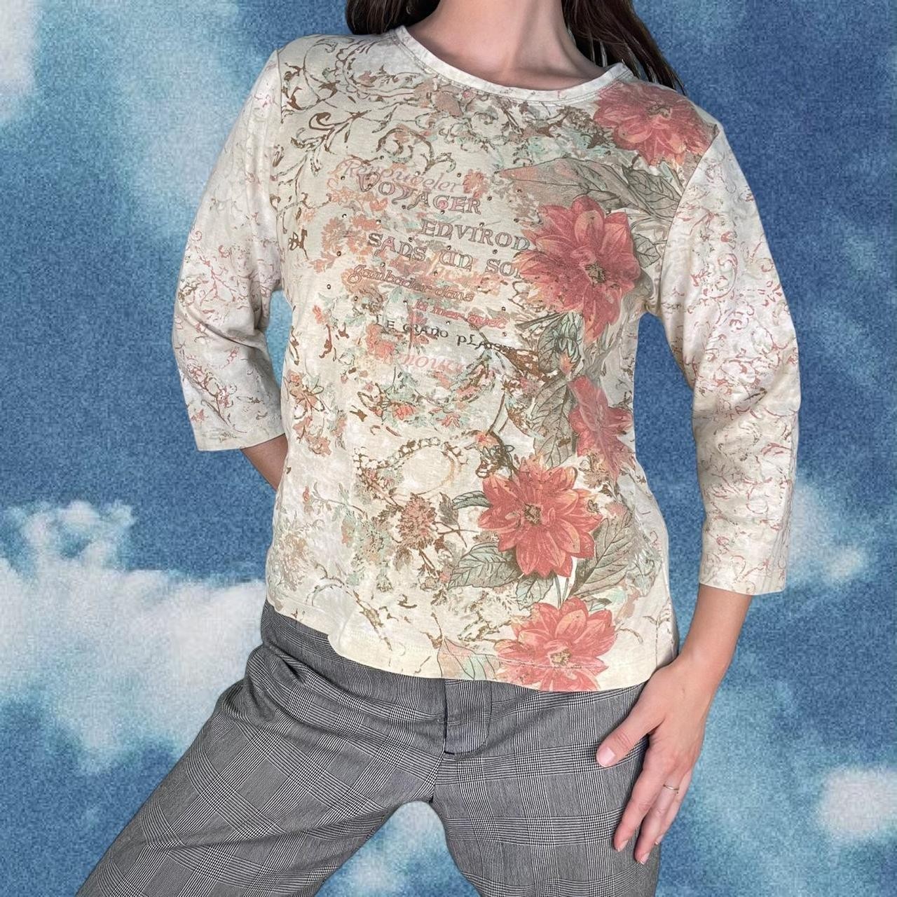 Vintage 2000s Y2K Nicole Miller Floral Graphic Rhinestone Shirt Euro Alt Whimsy