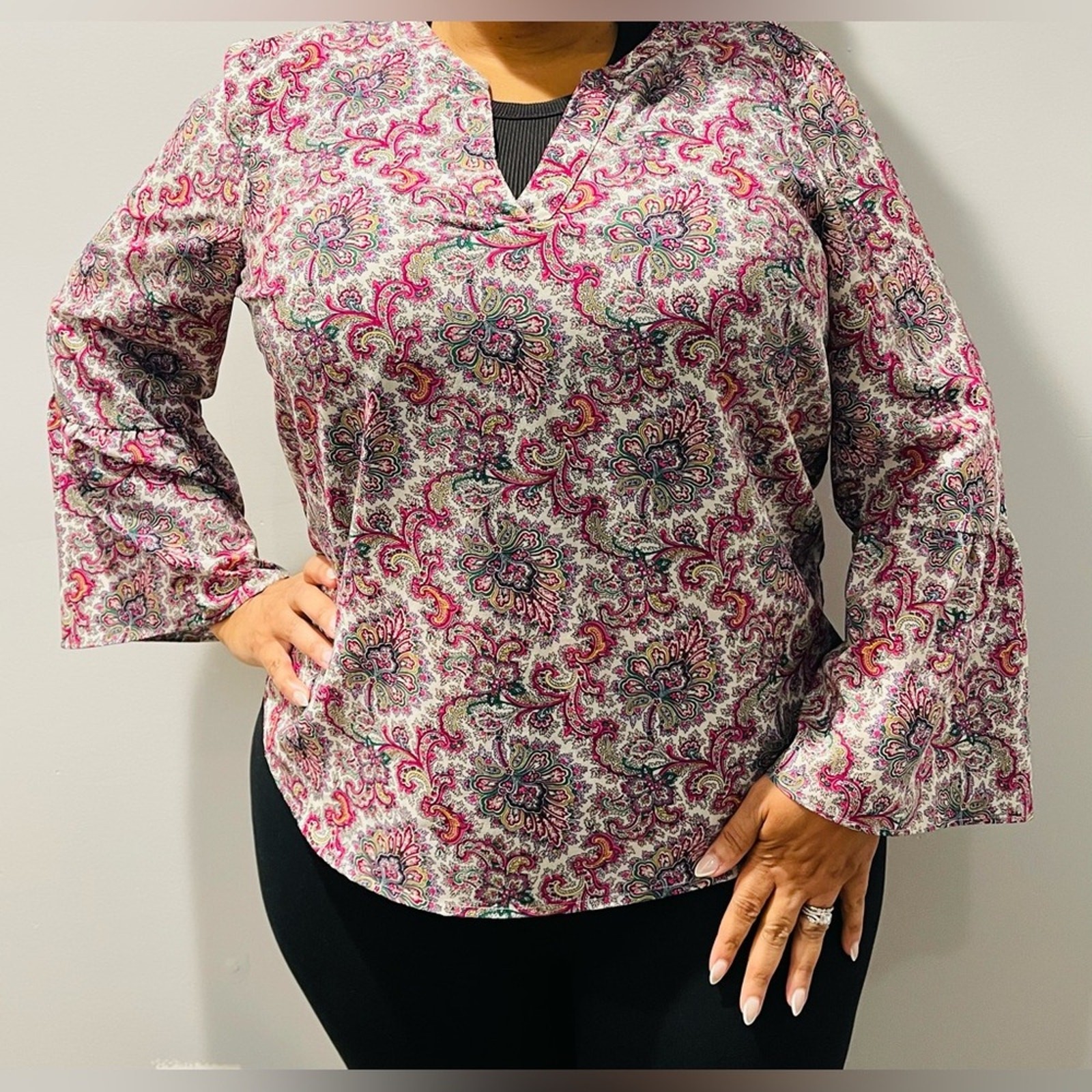 J Crew Purple Pink Colorful Preppy Paisley Boho V neck Bell Sleeve Shirt size XL