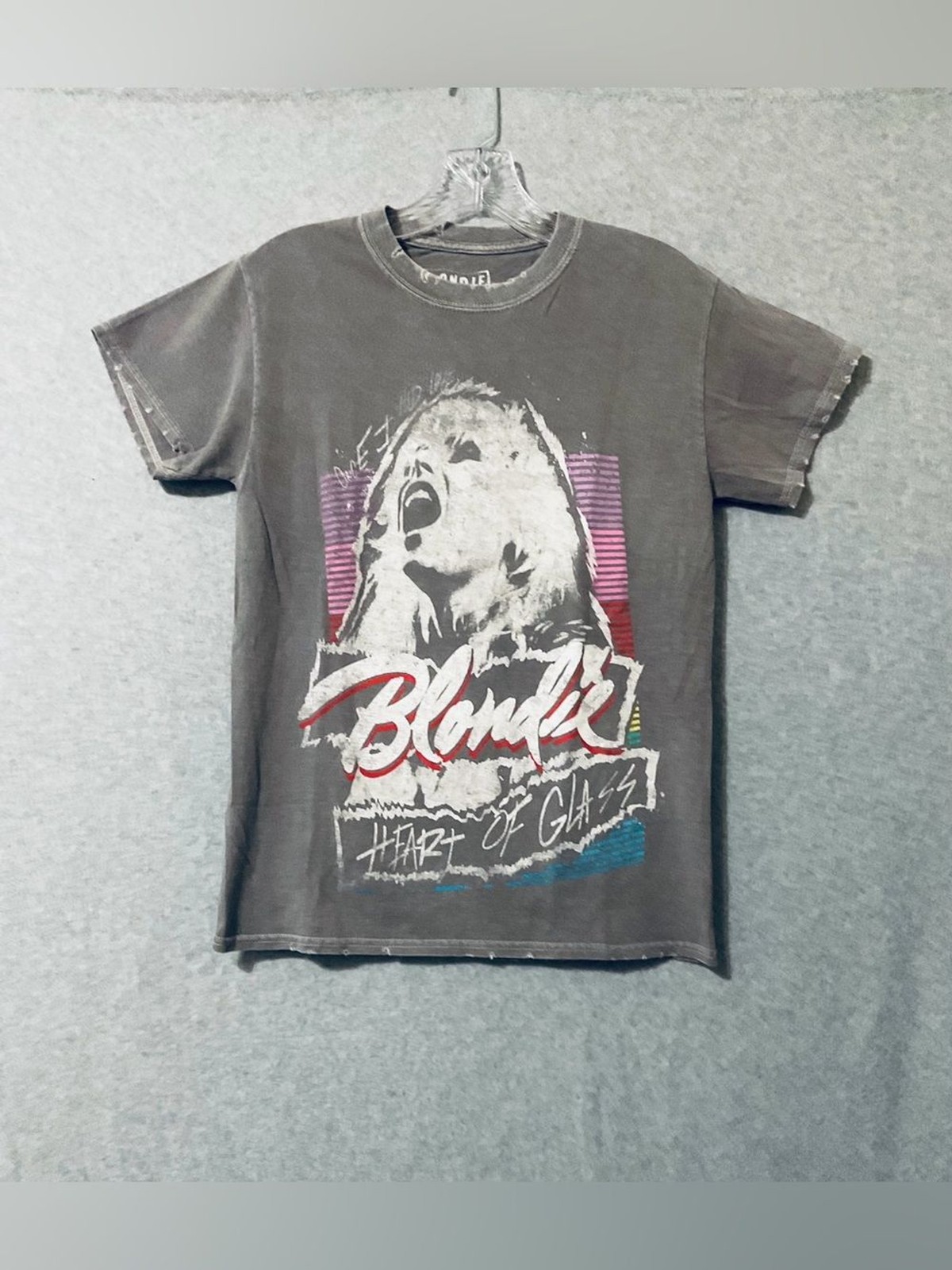 Blondie “Heart of Glass” Graphic,Women’s T Shirt Gray with Pink & Blue Sz S