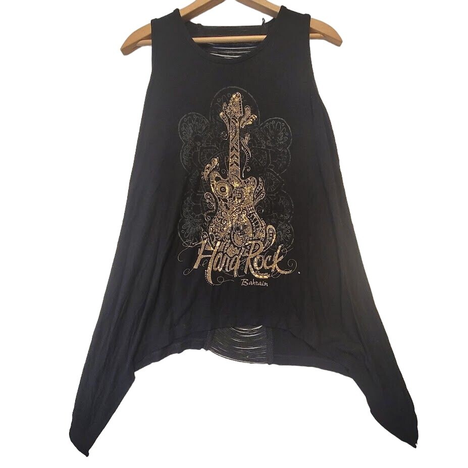 Hard Rock Bahrain Black Tank Top Gold Black Sleeveless Size M Frills