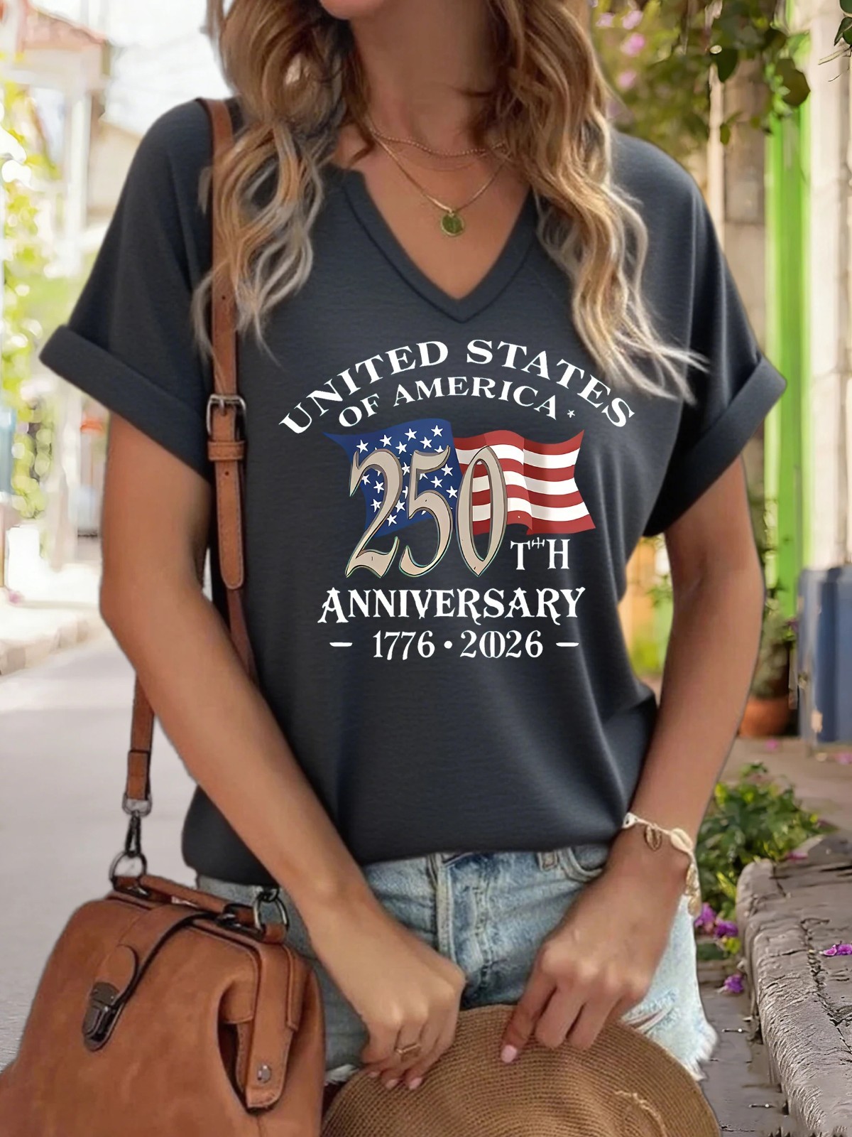 Women’s V-Neck “USA 250th Anniversary 1776-2026” Graphic Tee, American Flag Prin