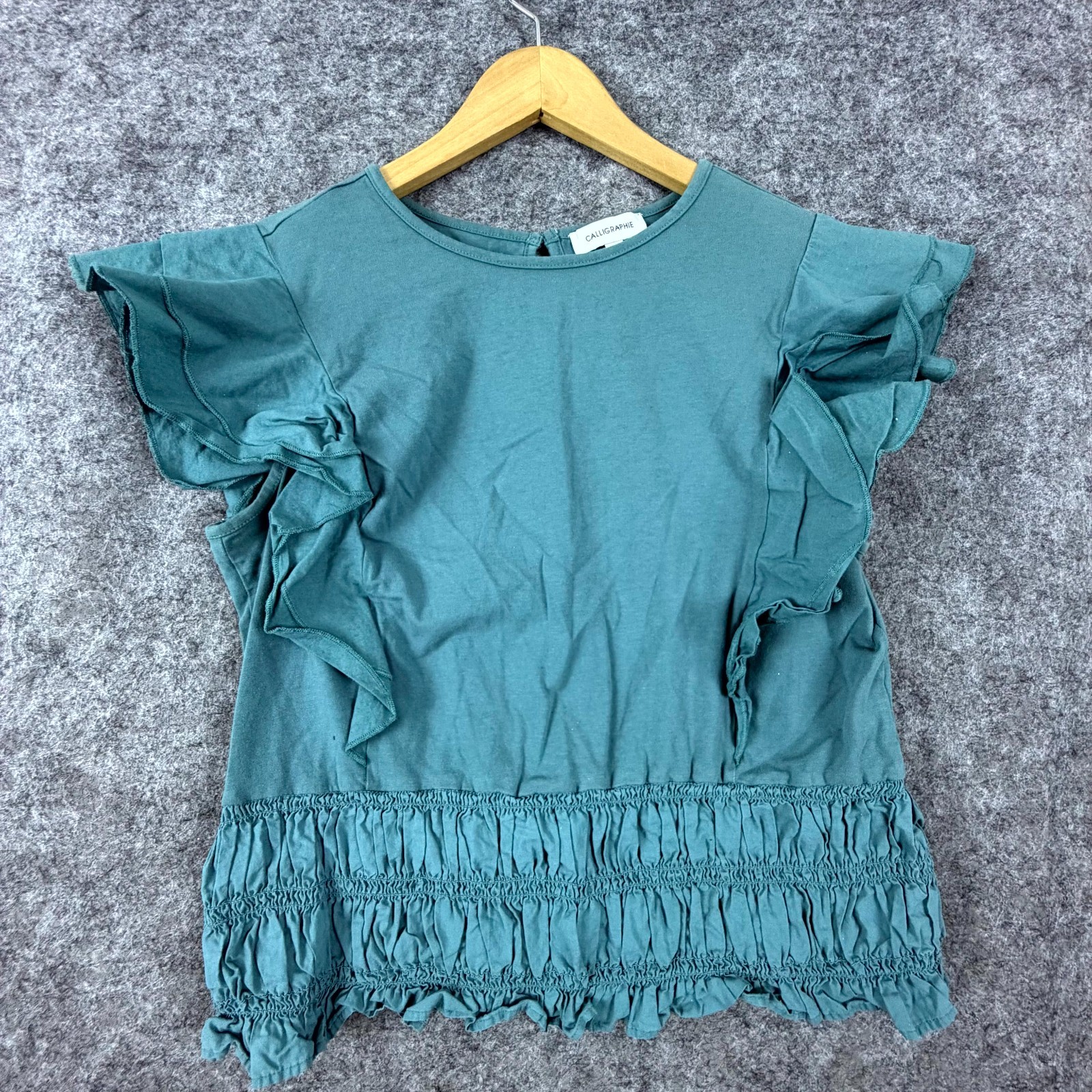 Calligraphie Blouse Top Womens Medium Green Ruffle Sleeve Smocked Boho Feminine