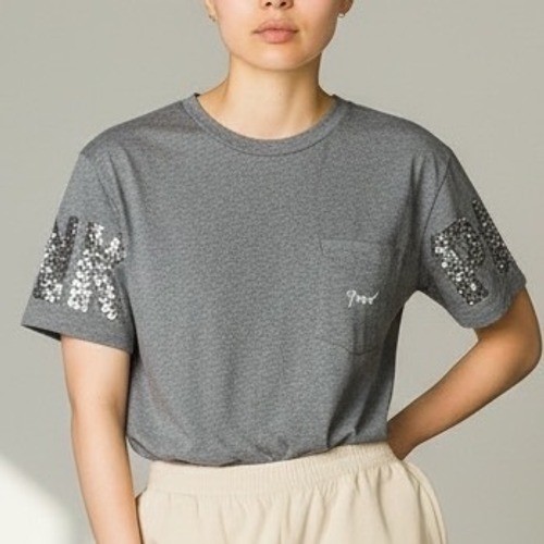 Victoria’s Secret PINK Short Sleeve Sequin Logo T-Shirt Gray Large Y2K bling