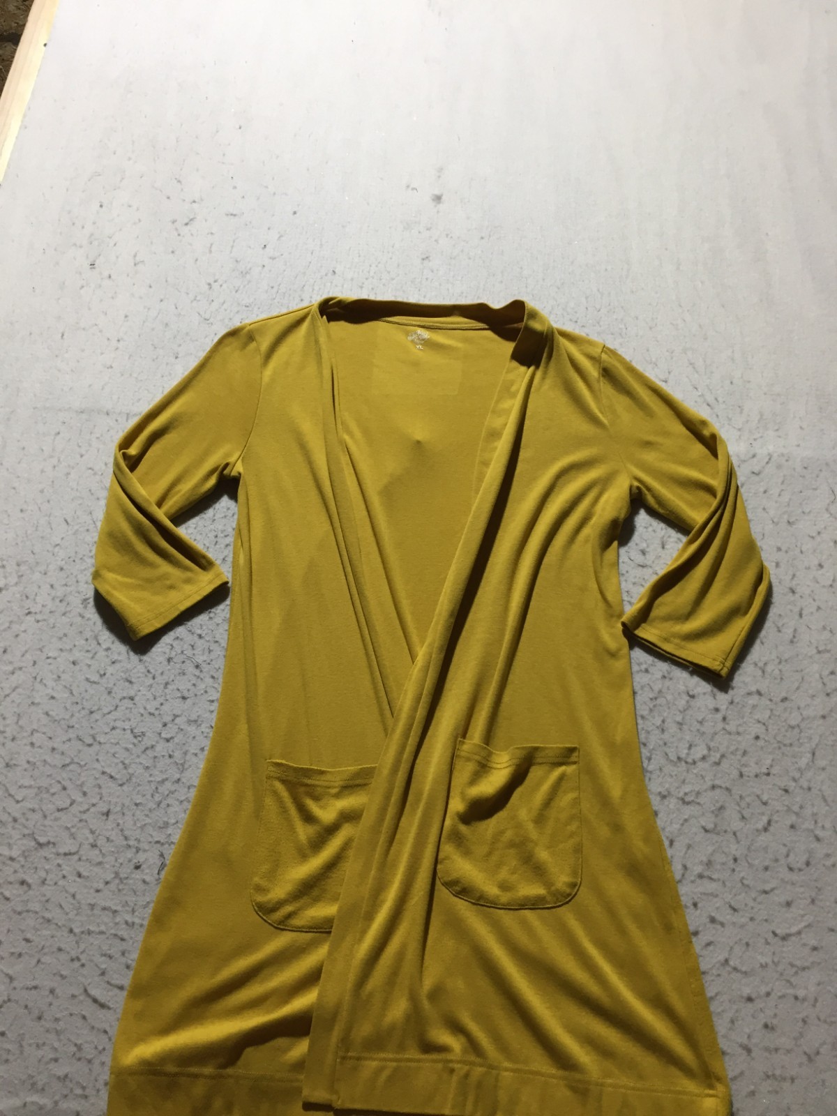 Tickled Teal Cardigan Tunic Womens XL Mustard Open Front Layered Pockets Long