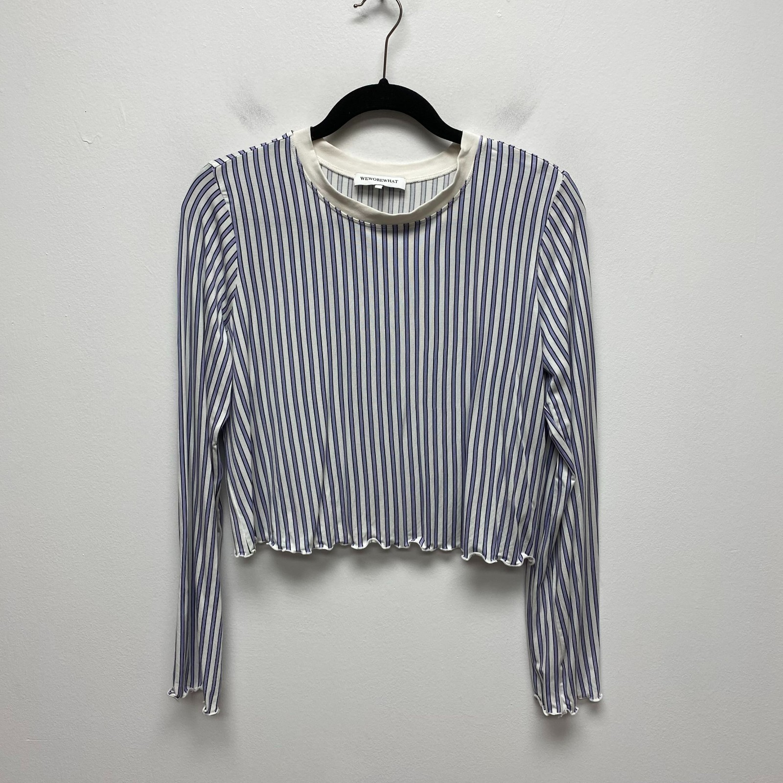 WeWoreWhat Womens Purple Ivory Striped Lettuce Hem Boxy Crew Neck Cropped Top S