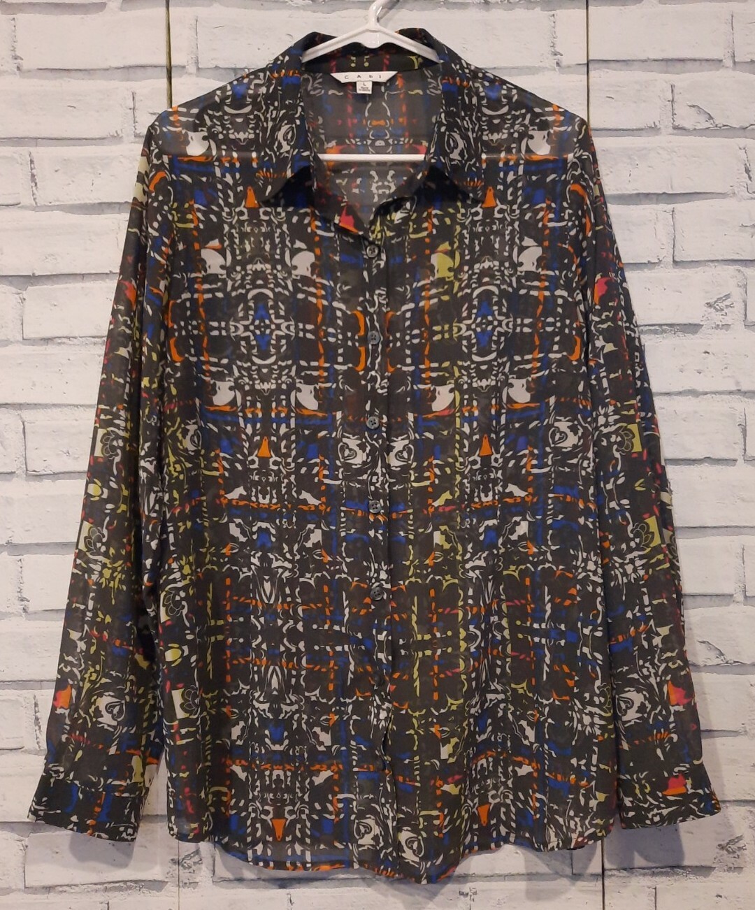 CAbi Women’s Sz L Sheer Button Front Blouse Gray Blue Orange Yellow Long Sleeve