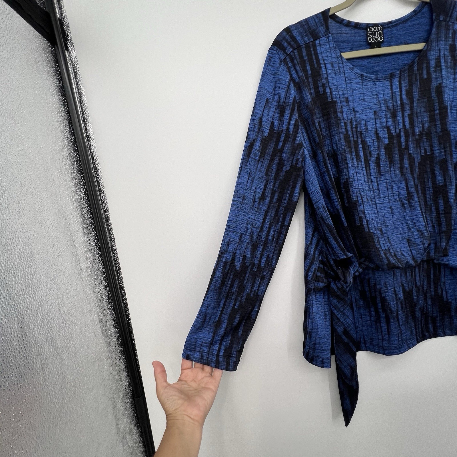 Clara Sun Woo Water Ripple Crinkle Pleat Blouson Overlay Top Sz L Side Tie Blue