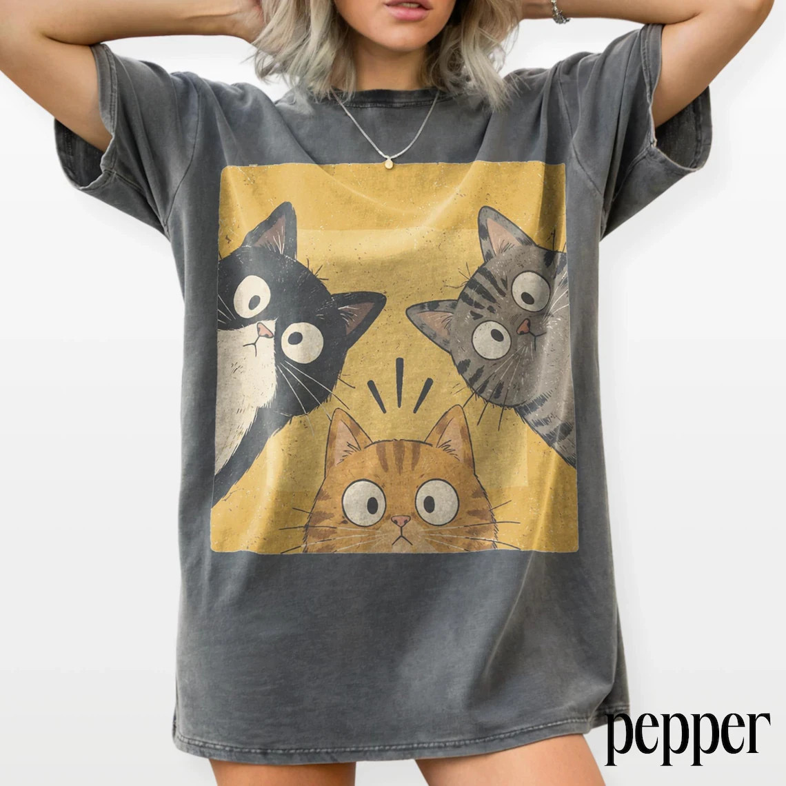 Vintage Funny Curious Cats Graphic Tee, Cute Cat Lover Shirt, Whimsical Retro Ae
