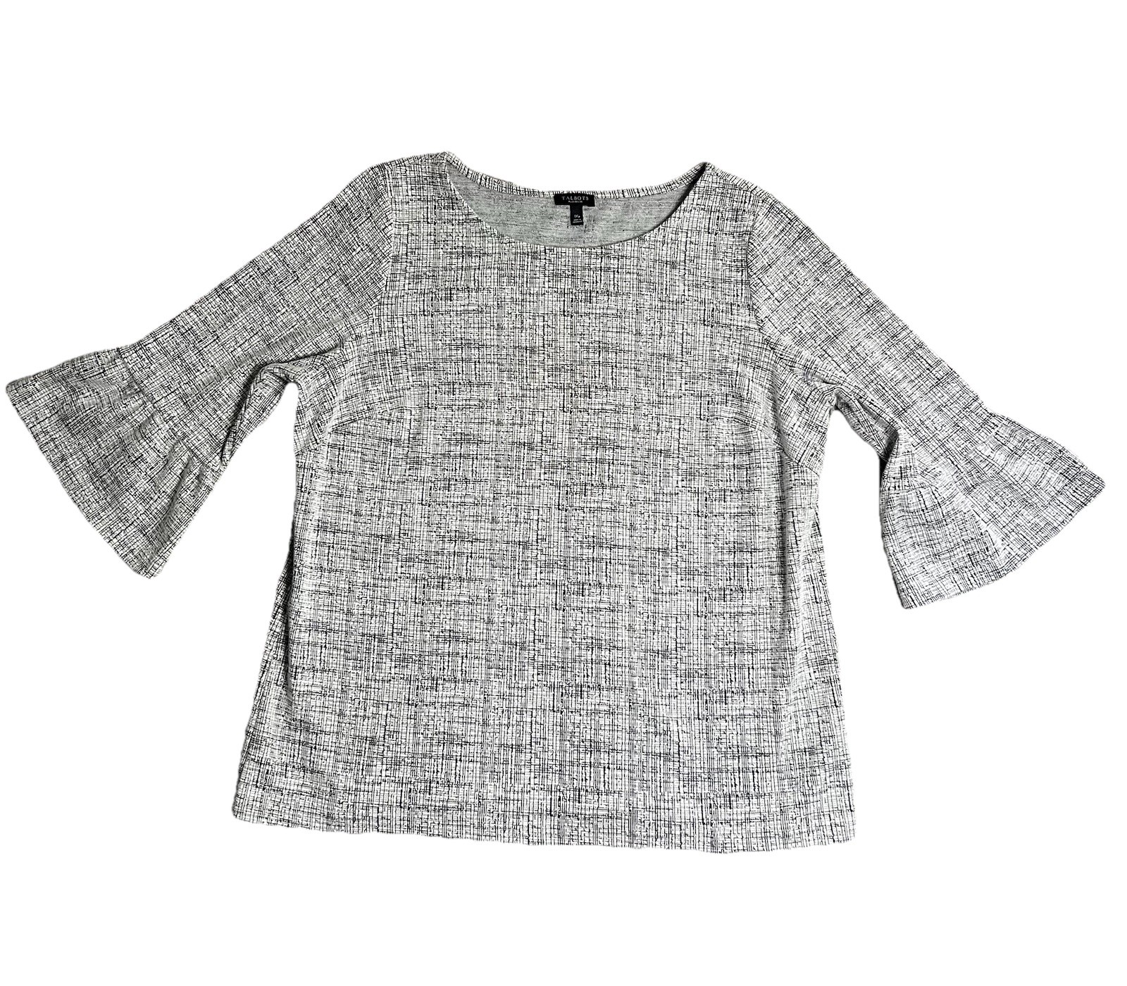Talbots Plus Petite 1XP Black White Crosshatch Bell Sleeve Knit Top Scoop Neck