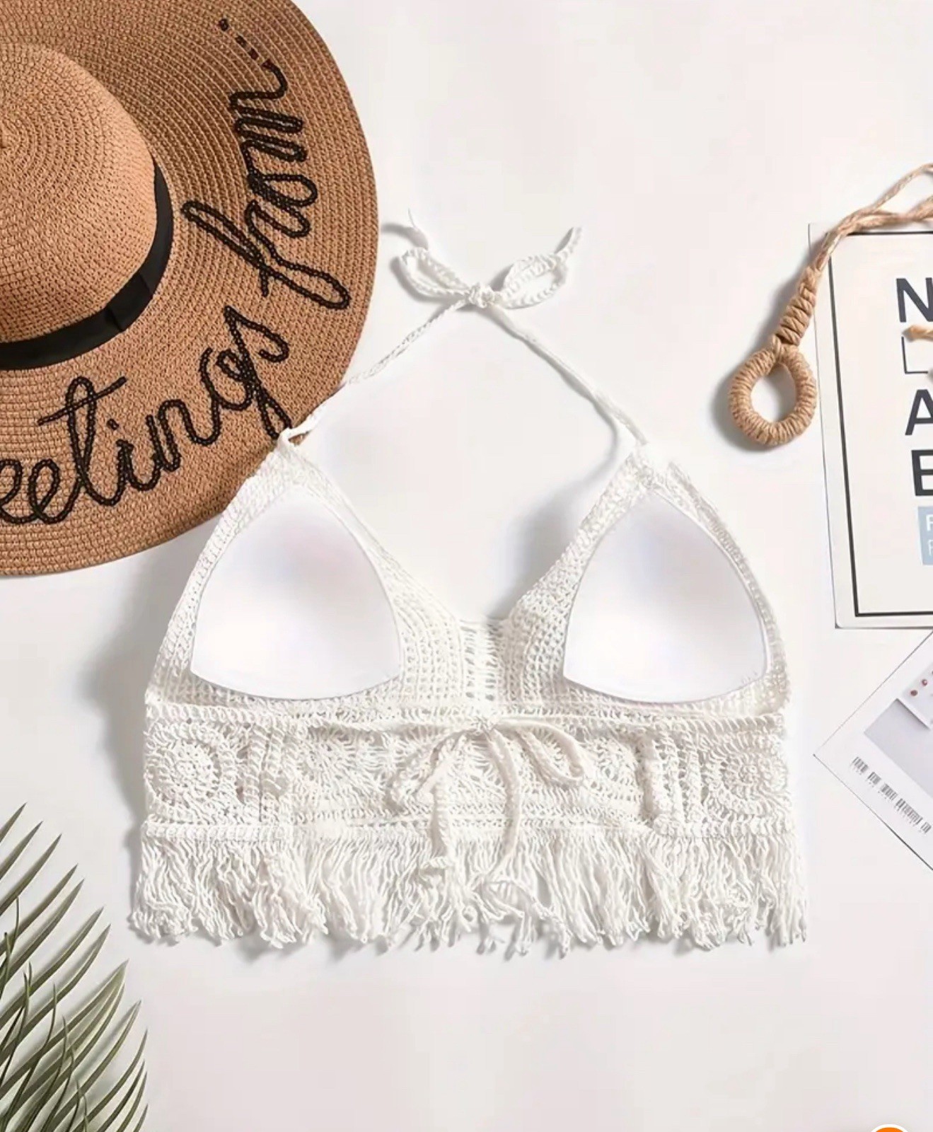 White Crochet Lace Halter Bralette Top Boho Festival Beach Crop Top One Size