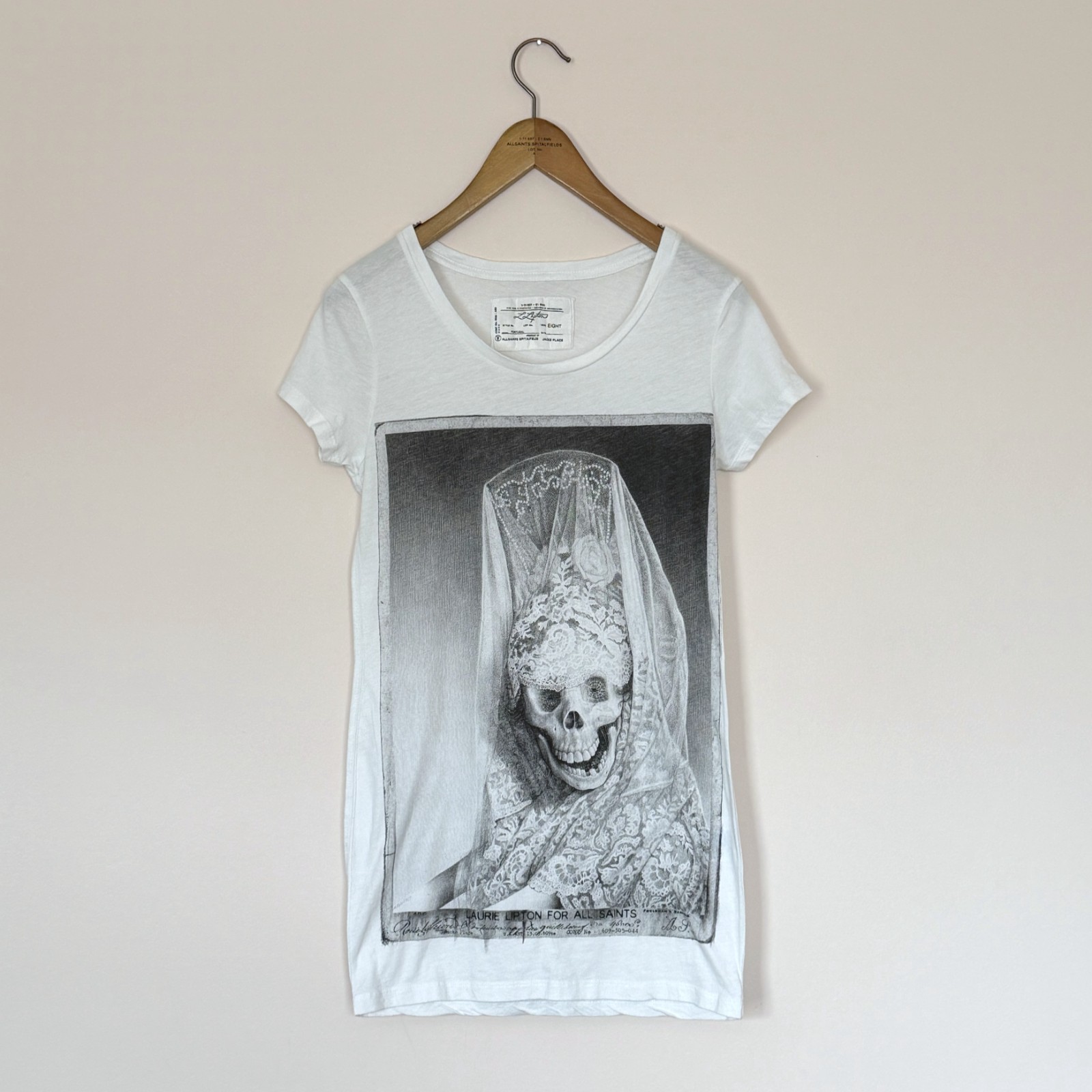 AllSaints Vintage Ladies LADY DEATH T Shirt UK8 White Grey Laurie Lipton Gothic