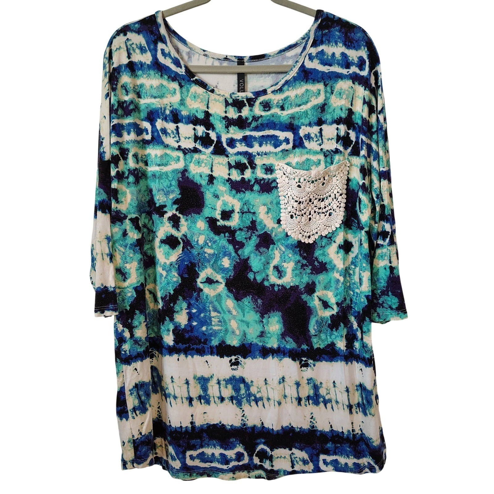 VOLL Women’s Tunic Top Medium Blue Green Tie Dye Print Crochet Artsy Comfy