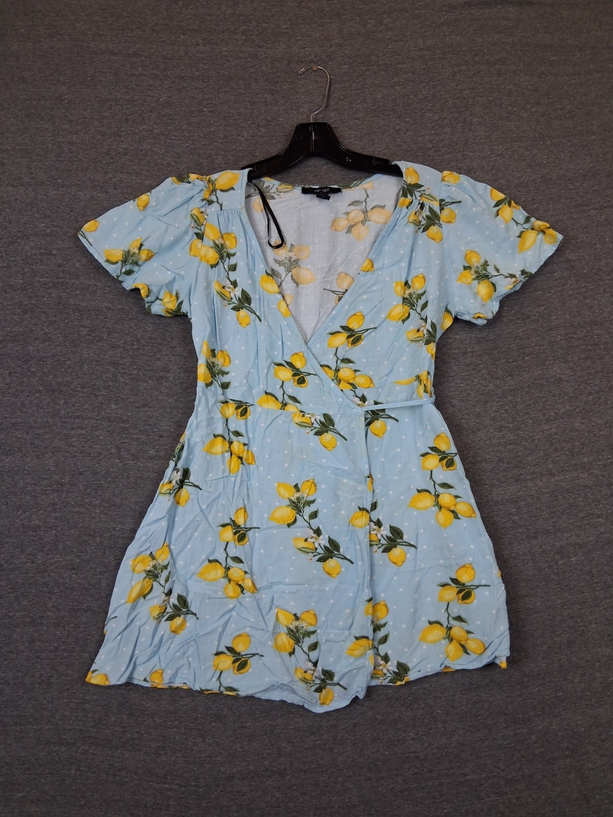Forever 21 Womens Shirt L Blue AOP Lemon Print Wrap Tunic Resort Coast Beach