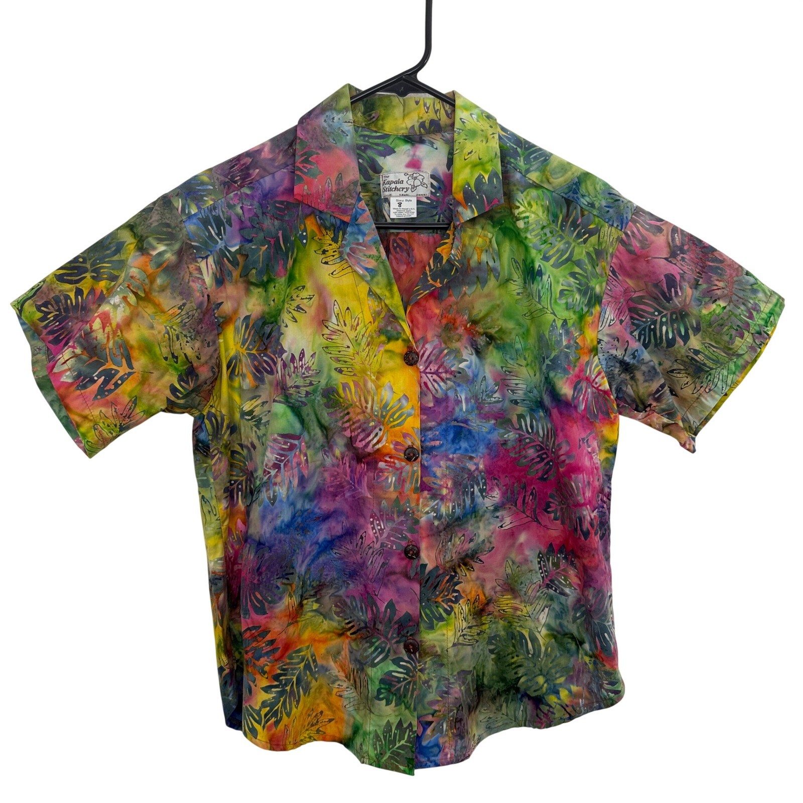 The Kapaia Stitchery Shirt Womens 8 Multicolor Tropical Leaf Batik Hawaii