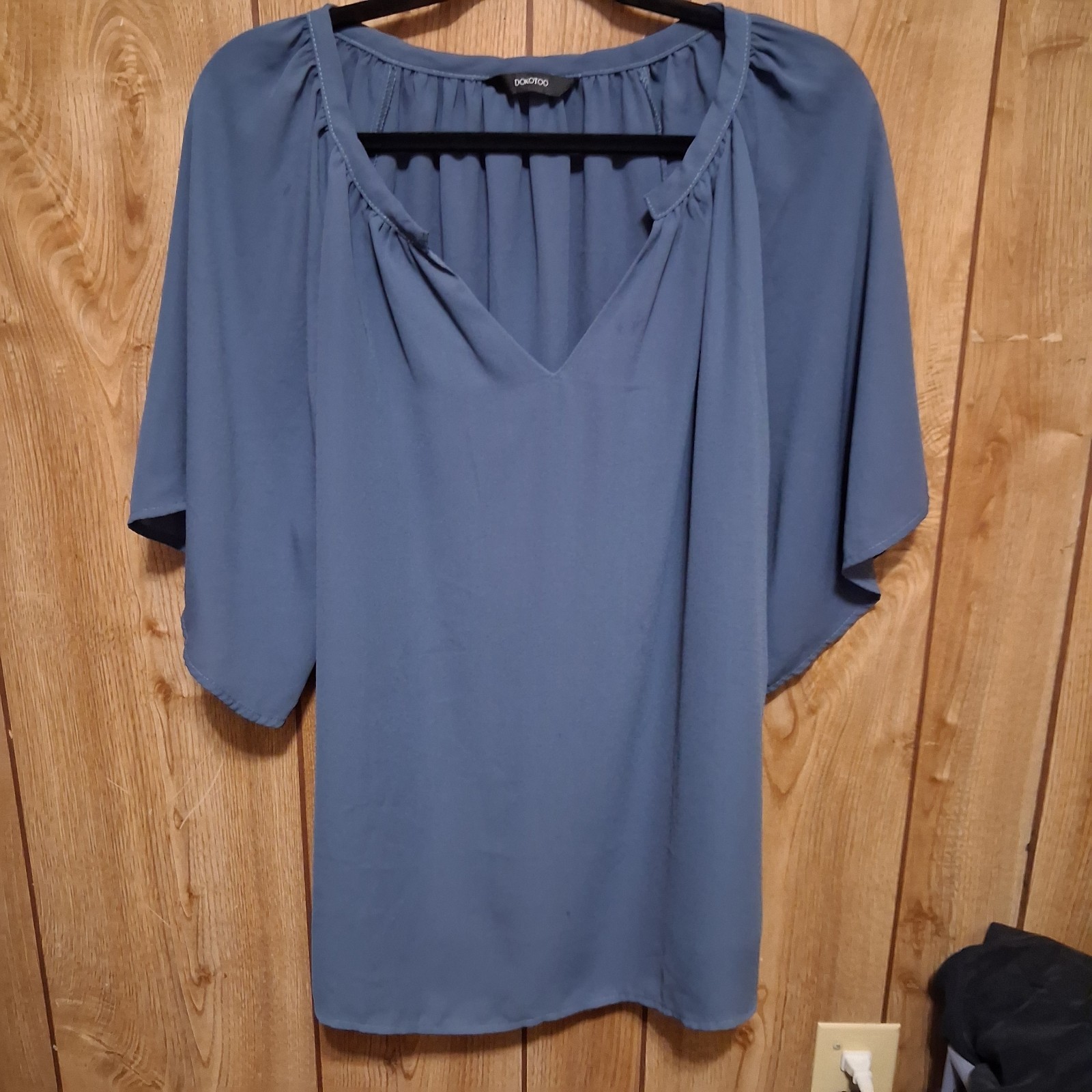 Blue Chiffon Blouse Casual Solid Bell Sleeve Shirt Loose Fluttery Fairy Comfort