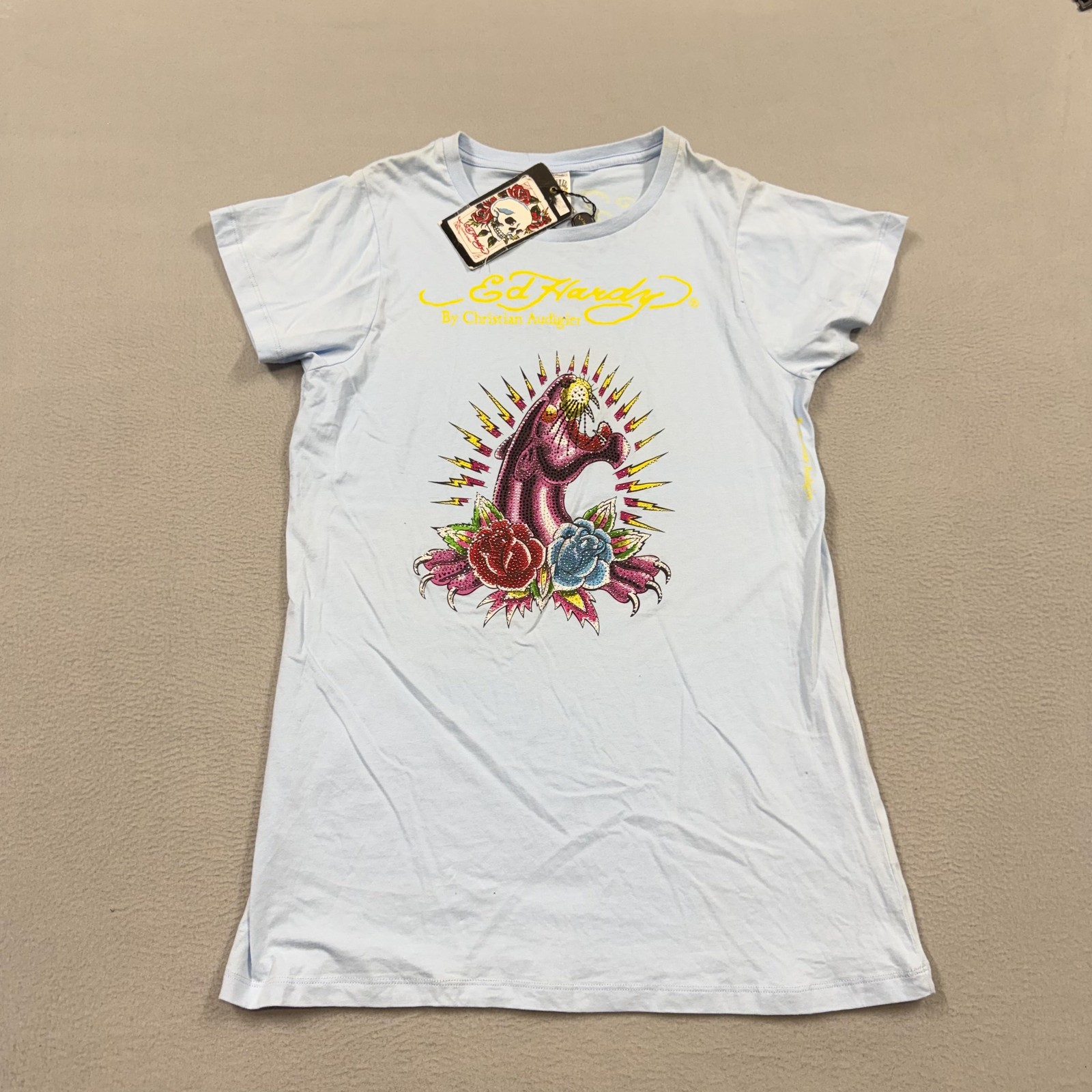 Ed Hardy Shirt Womens XXL Blue Rhinestone Tattoo Graphic Double Sided Tee Y2k