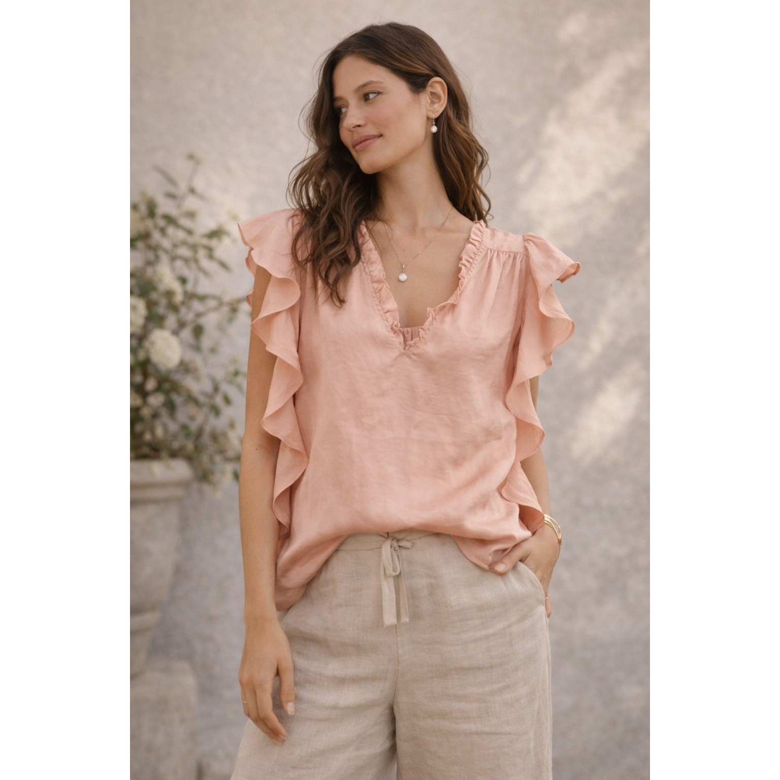 Philosophy Republic Top XS Sand Pink Ruffle V-Neck Satin Coquette Romantic