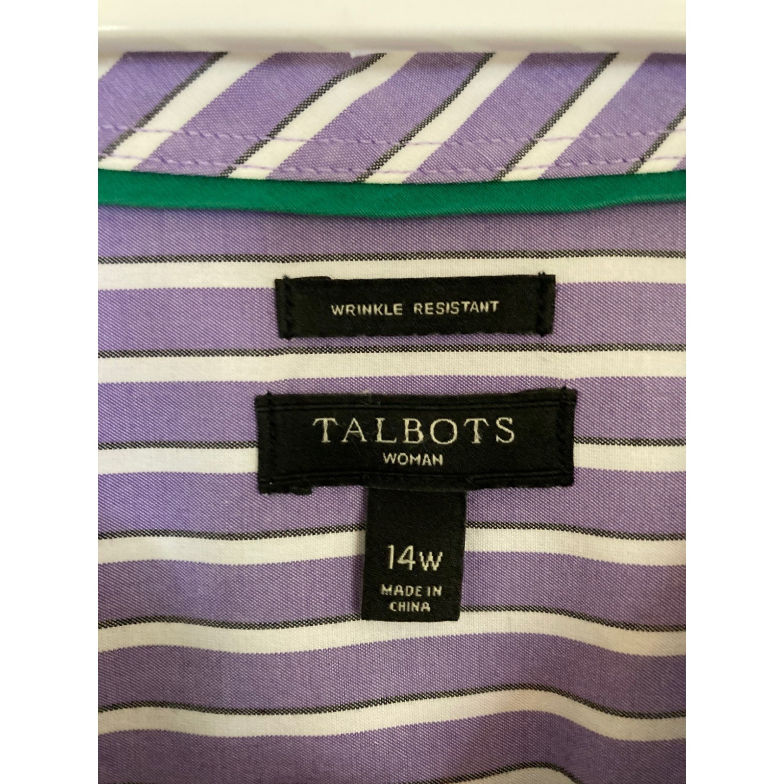 Talbots Woman Purple White Striped Button Down Shirt 14 Wrinkle Resistant Cotton