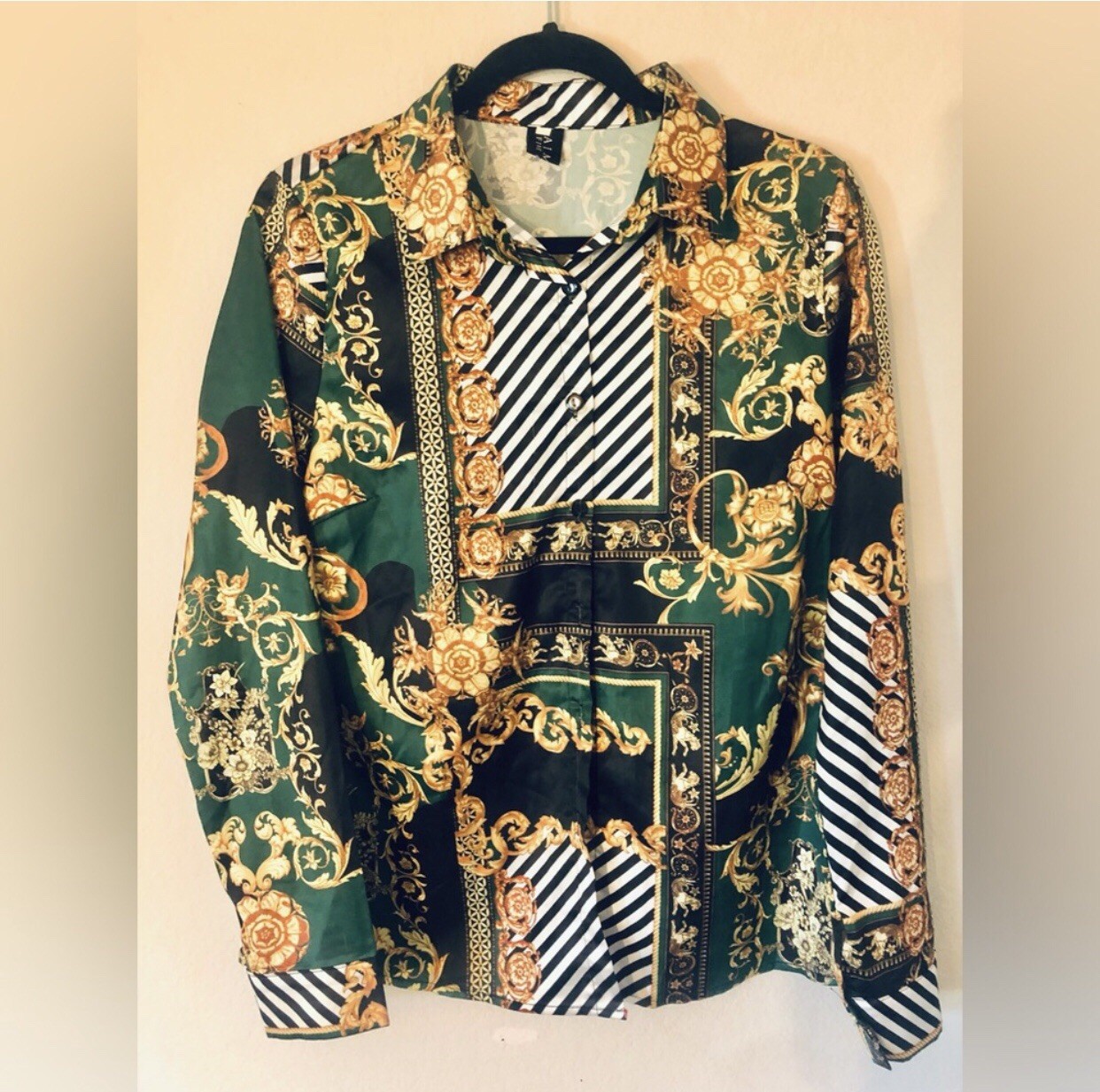 Lai Meng Five Cats Green Gold Stripe Long Sleeve Shirt Retro Baroque Versace