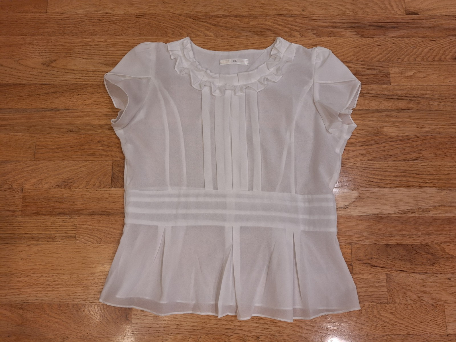 New Womens Sheer Blouse Peplum Top L White Chiffon Ruffled Short Sleeve Dressy