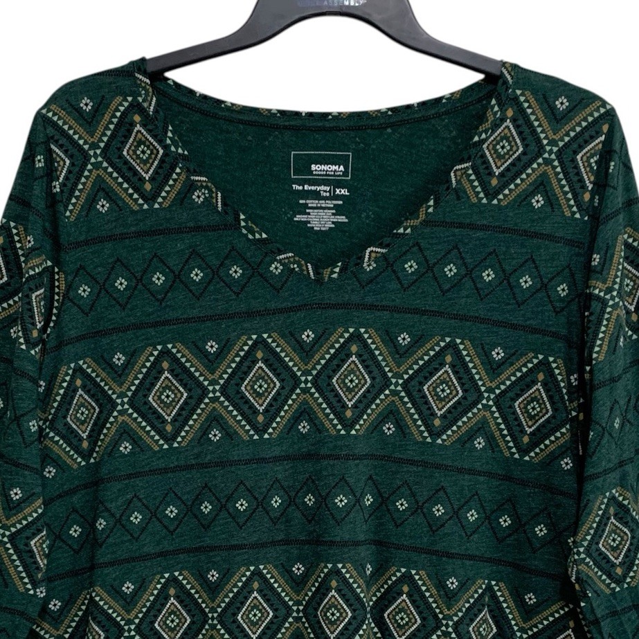 Sonoma The Everyday Tee Womens Size XXL Green Aztec Long Sleeve V-Neck Knit