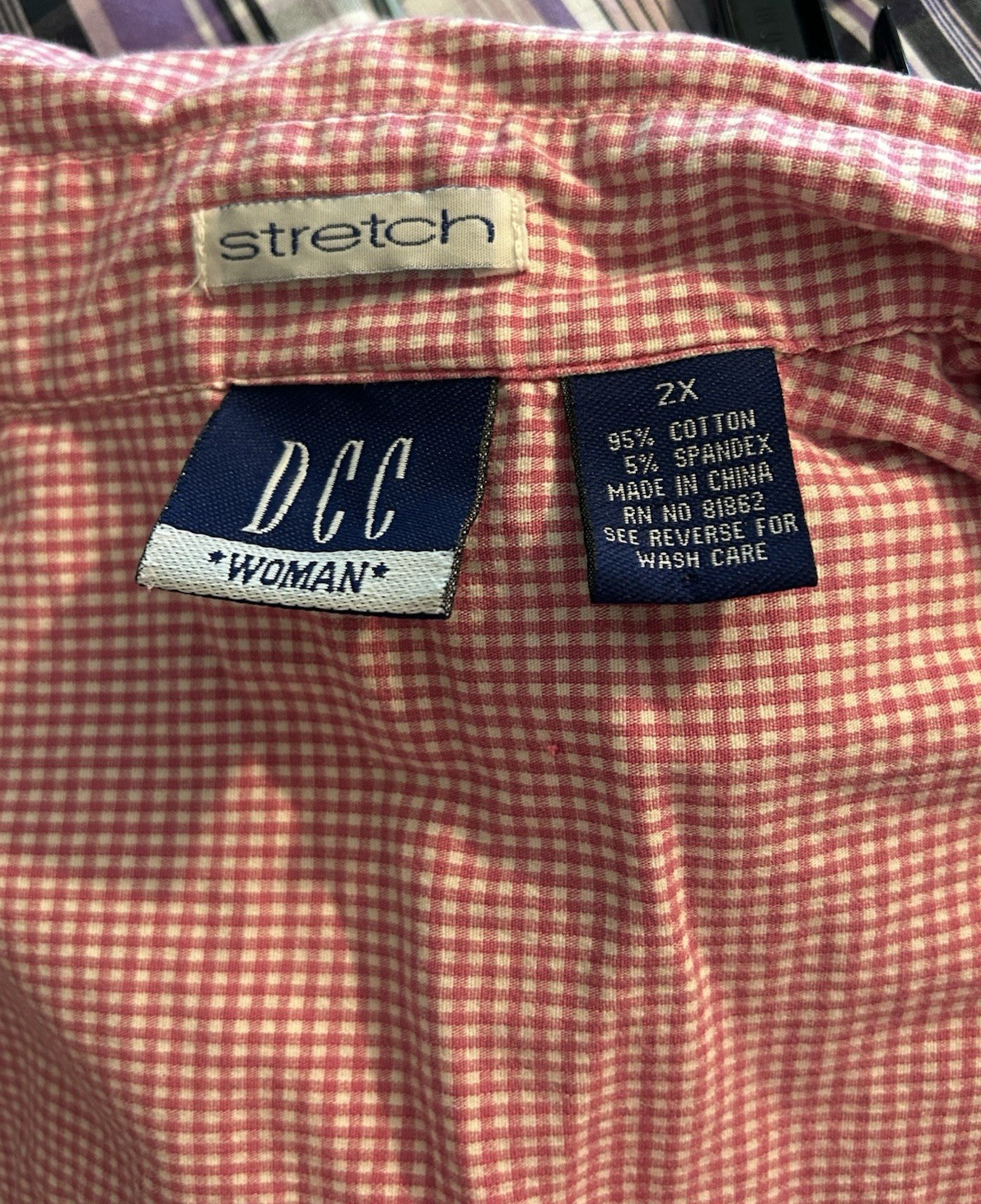 DCC Women’s Pink White Checked Gingham Short Sleeve Button Blouse Sz 2X