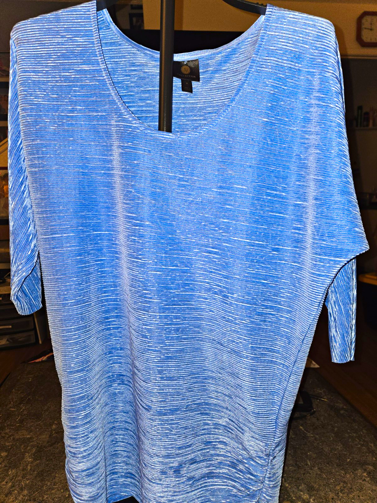 JM Collection M Blue Solid Polyester Knit Pleated Scoop Neck 3/4 Sleeve Tunic