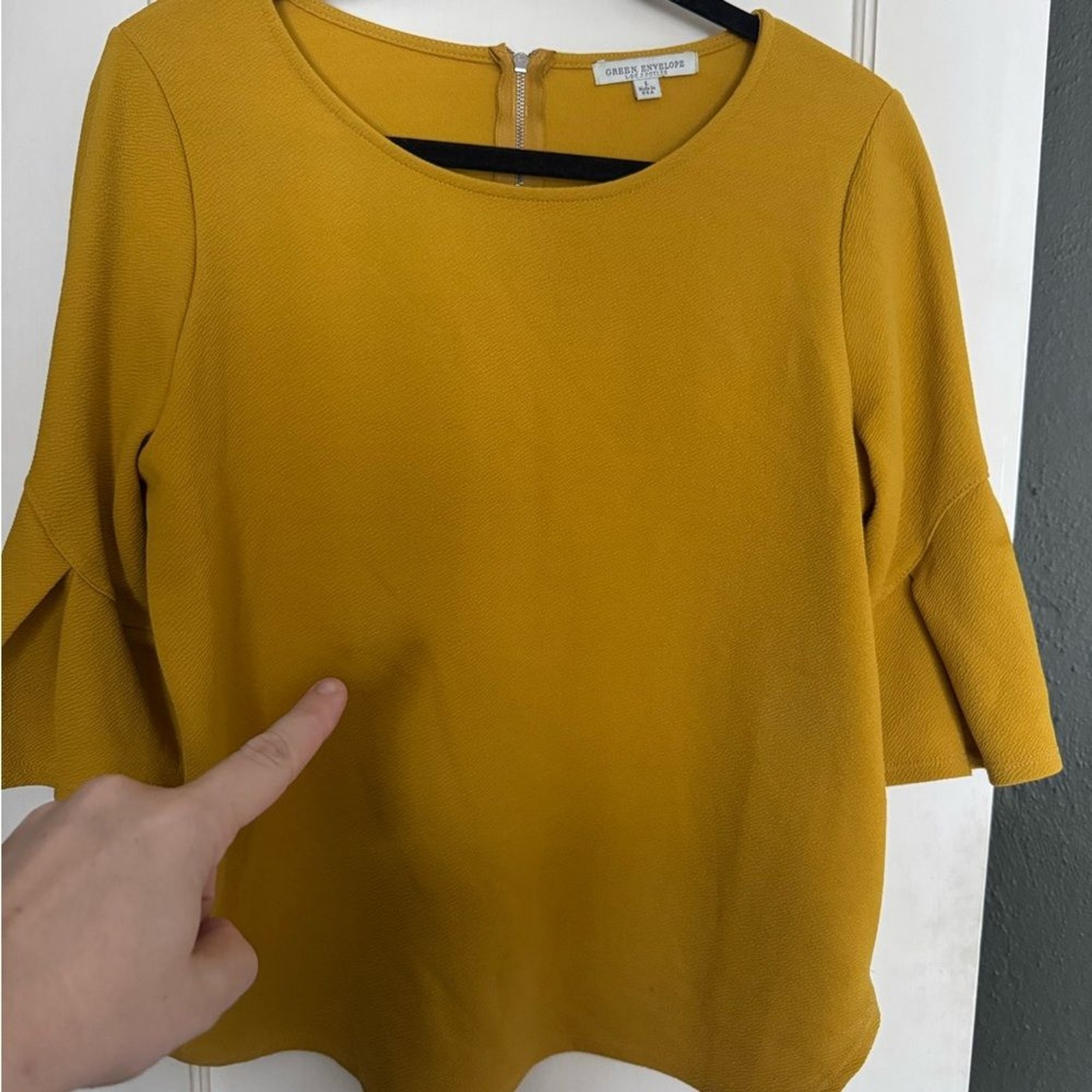 Green Envelope L mustard yellow boat neck long sleeve textured 3/4 blouse