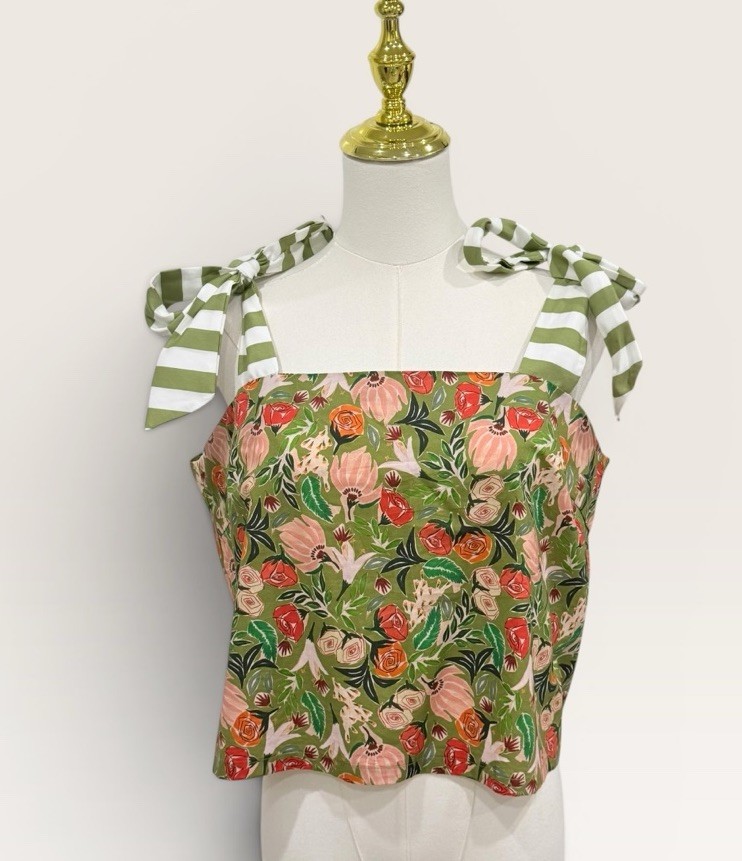 BURU X-Large Pillar Sleeveless Shoulder Tie Top Sage Green Floral/Stripe NWT