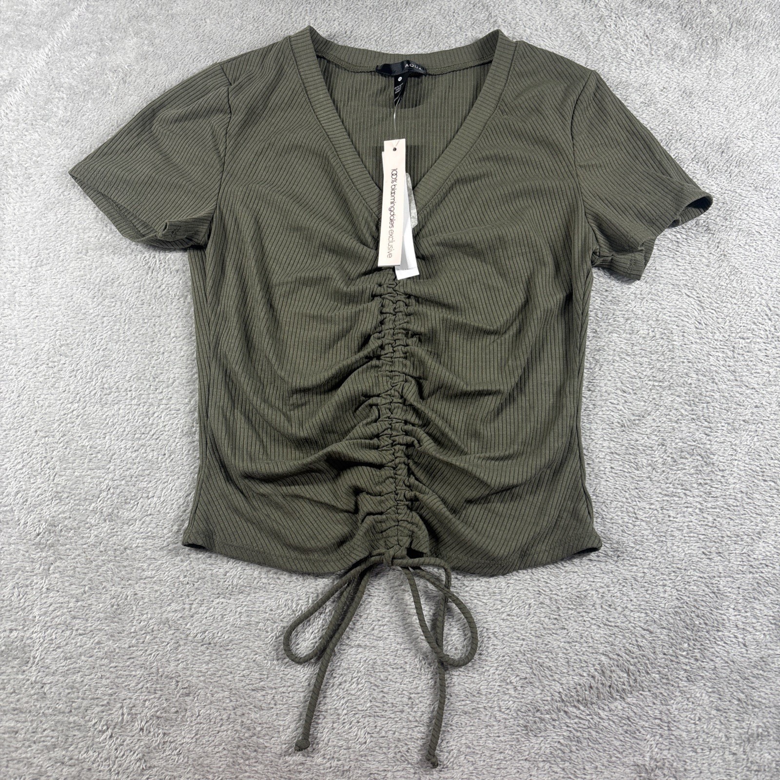 Aqua Women’s Ruched Drawstring Crop Top Short Sleeve Olive Green Size M New